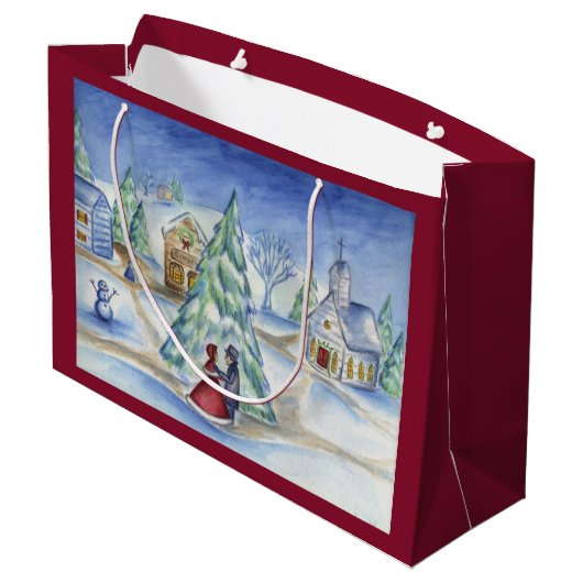 Klassieke kerst dorp geschenk tas groot cadeauzakje (Achterkant Gekanteld)
