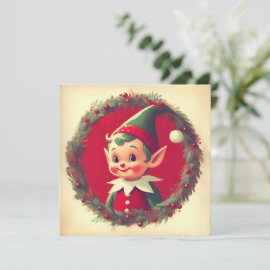 Klassieke Kerst Elf Retro Kerstmis Feestdagenkaart (Staand voorkant)