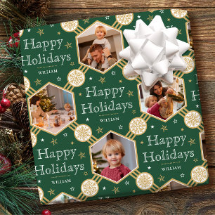 Klassieke Kerst Familie Foto Collage Groen Cadeaupapier
