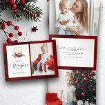 Klassieke Kerst Floral Crest Foto Drieluik Wenskaart<br><div class="desc">Dit elegante en formele maar feestelijke vakantieontwerp is voorzien van klassieke handgetekende gouden bloemkam geaccentueerd door een kleurrijke spray van rode en witte kerstbloemen en evergreens. Deze aangepaste sjabloon bevat bewerkbare tekstvelden en fotomasjabloon,  een aangepaste kalligrafietekstafbeelding en een luxe rode verloopachtergrond.</div>