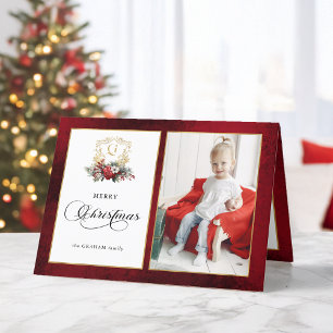 Klassieke Kerst Floral Crest Foto Feestdagen Kaart