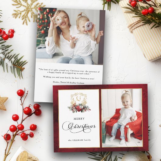 Klassieke Kerst Floral Crest Foto Feestdagenkaart