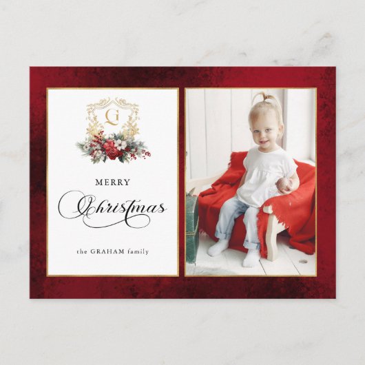 Klassieke Kerst Florale Crest Foto Feestdagenkaart (Voorkant)
