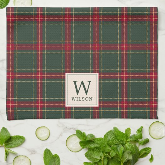 Klassieke kerst geruite familienaam Monogram Theedoek (Gevouwen)