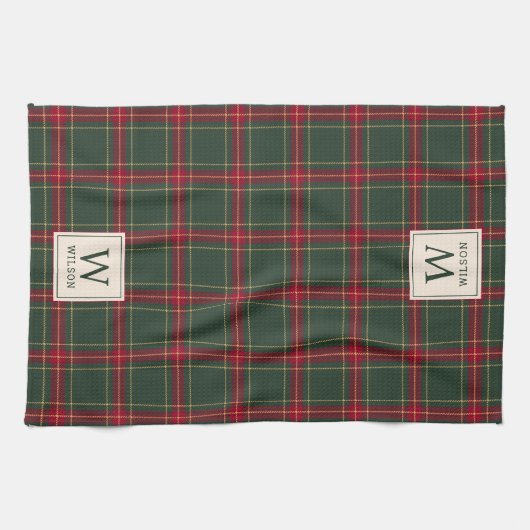 Klassieke kerst geruite familienaam Monogram Theedoek (Horizontaal)