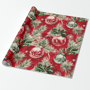 Klassieke Kerst Glanzende Ornamenten op Karmozijn Cadeaupapier