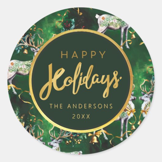 Klassieke Kerst Gouden Bellen & Reinders Ronde Sticker (Voorkant)
