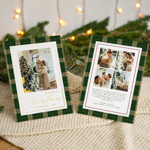 Klassieke Kerst Groen Geruite Familie Foto Folie Feestdagenkaart