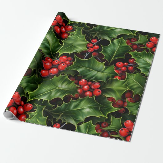 Klassieke kerst Holly en bessen Cadeaupapier (Uitgerold)