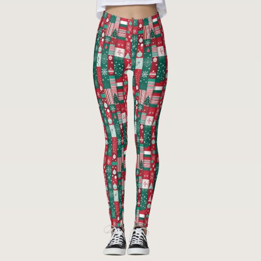 Klassieke Kerst Inpakpapier Patroon Rood Groen Leggings (Voorkant)