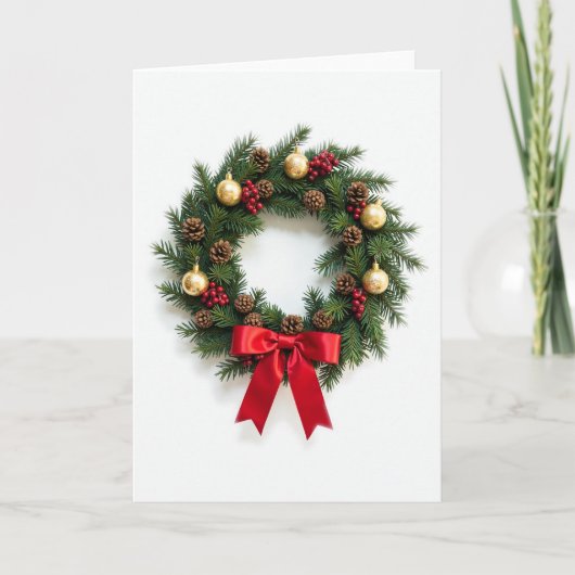 Klassieke Kerst Krans Kaart Red Bow en Goud (Voorkant)