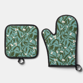 Klassieke Kerst Mistletoe in Blauw en Wit Ovenwant & Pannenlap Set