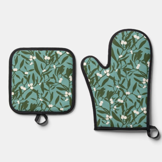 Klassieke Kerst Mistletoe in Blauw en Wit Ovenwant & Pannenlap Set (Voorkant)