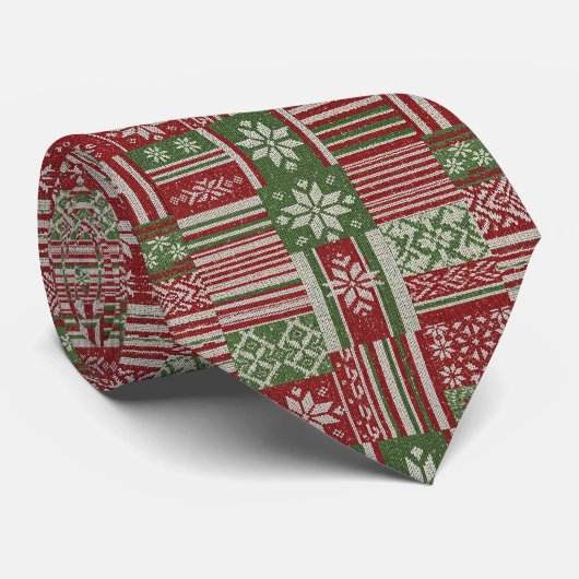 Klassieke Kerst Patchwork Brei -Rood, Groen (2) Stropdas (Opgerold)