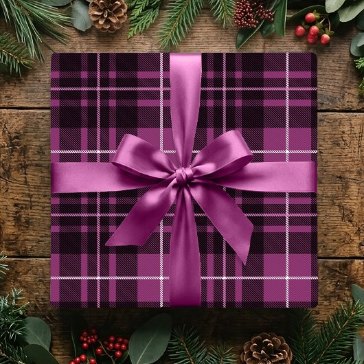 Klassieke Kerst Plaid Donker Roze Vakantie Tartan Cadeaupapier
