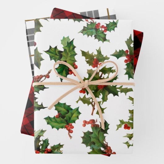 Klassieke kerst Plaid en Holly Inpakpapier Vel (In situ)