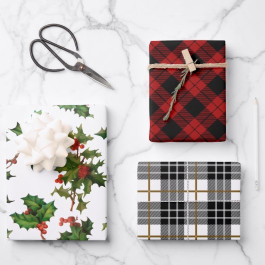 Klassieke kerst Plaid en  Holly Inpakpapier Vel (Voorkant)