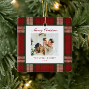 Klassieke Kerst Plaid Familie Foto Keramisch Ornament