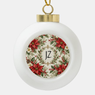 Klassieke Kerst Poinsettia & Hulst Keramische Bal Ornament