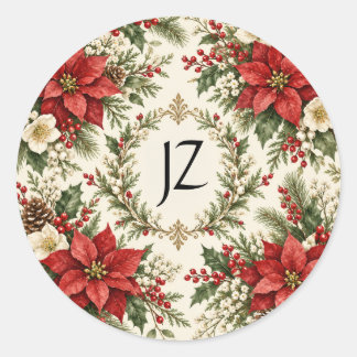 Klassieke Kerst Poinsettia & Hulst Ronde Sticker