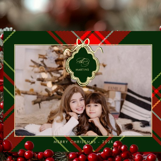 Klassieke Kerst Rode Groen Geplaagd Foto Folie Feestdagen Briefkaart