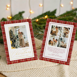 Klassieke Kerst Rode Schotse Ruit Familie Foto Folie Feestdagenkaart
