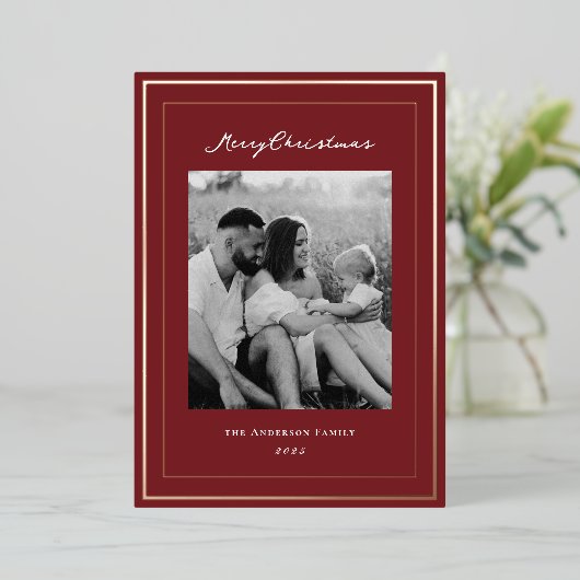 Klassieke Kerst Rood en Goud Lijst Familie Foto Folie Feestdagenkaart (Staand Voorkant)