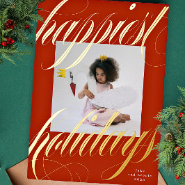 Klassieke kerst rood goud kalligrafie één foto folie feestdagenkaart