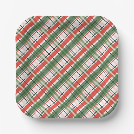Klassieke kerst rood groen en wit plaid papieren bordje (Voorkant)