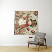 Klassieke Kerst Sneeuwman Tapestry Wandkleed (In Situ (horizontaal))