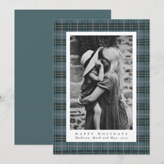 Klassieke kerst stoffige blauw geruite foto feestdagenkaart (Voorkant / Achterkant)