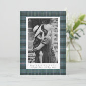 Klassieke kerst stoffige blauw geruite foto feestdagenkaart (Staand voorkant)