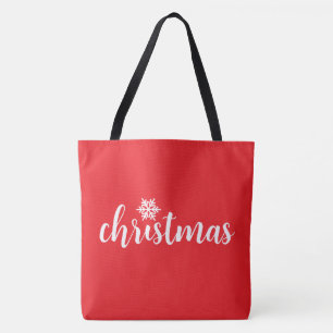 Klassieke KERST Tekst Sneeuwvlok Op Rode Feestdag Tote Bag