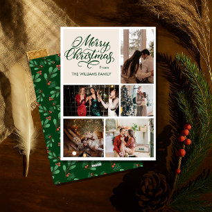 Klassieke Kerst Vijf Foto Bloemen Groen Feestdagenkaart