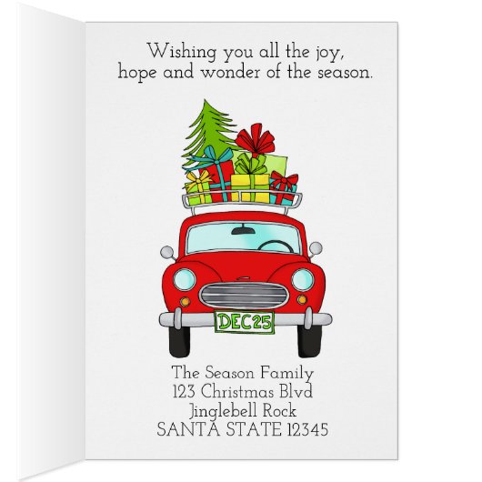 Klassieke kerstauto met fijne kerst met cadeaus (Binnen (Rechts))