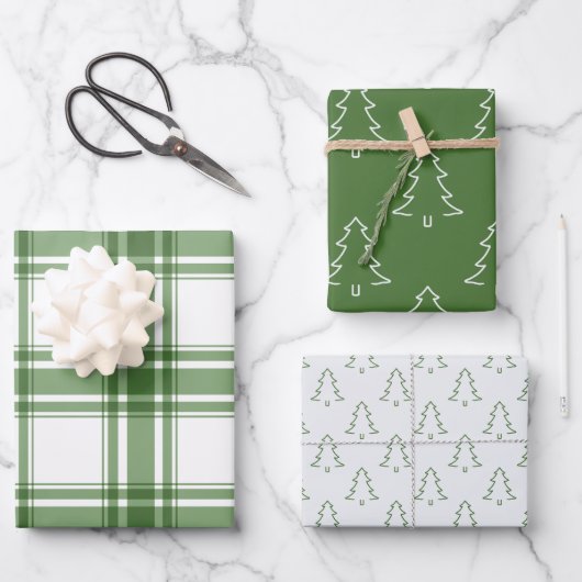 Klassieke kerstbomen & geruite groene wrap inpakpapier vel (Voorkant)