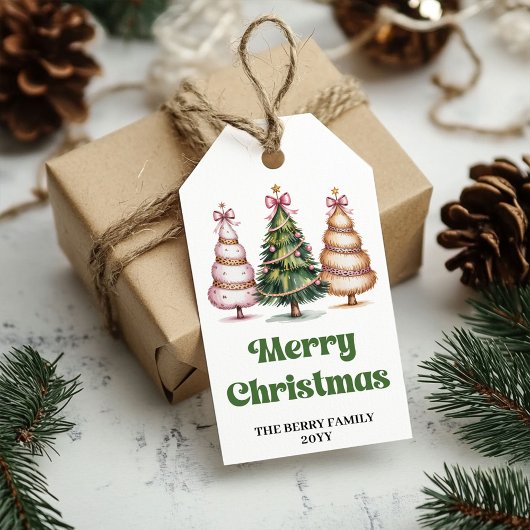 Klassieke kerstbomen groen goud aangepaste cadeaub cadeaulabel