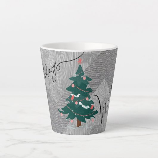 Klassieke Kerstboom Chique Monochroom Bloemen Naam Latte Mok (Voorkant)