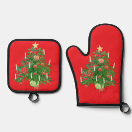 Klassieke Kerstboom met een Ster Levendig Rood Ovenwant & Pannenlap Set