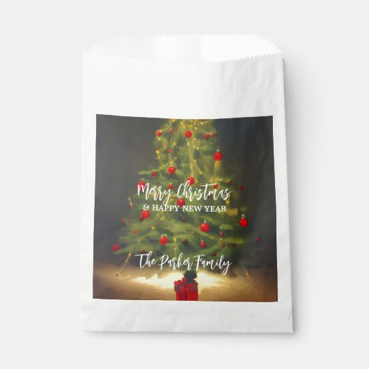 Klassieke kerstboom met rode ballen op donkergrijs bedankzakje (Voorkant)