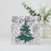 Klassieke Kerstboom & Monochrome Bloemen Linnen Feestdagenkaart (Staand voorkant)