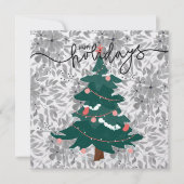 Klassieke Kerstboom & Monochrome Bloemen Linnen Feestdagenkaart (Voorkant)