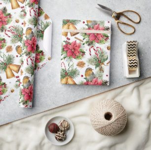 Klassieke kerstgouden cellen en vogelpatronen cadeaupapier