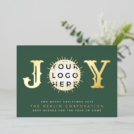 Klassieke kerstgroene GOLD JOY Business LOGO Folie Feestdagenkaart (Staand Voorkant)