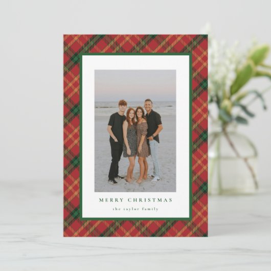 Klassieke Kerstkaart met rode en groene ruitjespri (Staand voorkant)