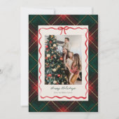 Klassieke Kerstkaart met Rode Lint en Schotse Ruit (Voorkant)