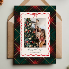 Klassieke Kerstkaart met Rode Lint en Schotse Ruit