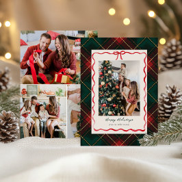 Klassieke Kerstkaart met Rode Lint en Schotse Ruit