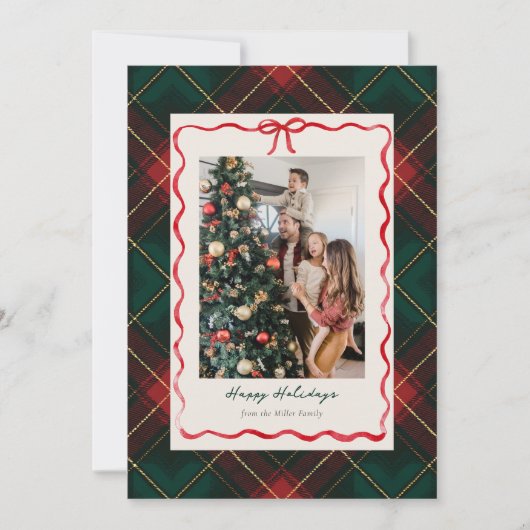 Klassieke Kerstkaart met ruitdessin en rode lint (Voorkant)