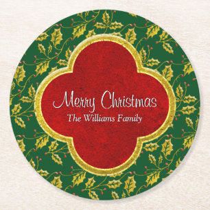 Klassieke kerstkerst Holly personaliseren Ronde Kartonnen Onderzetter